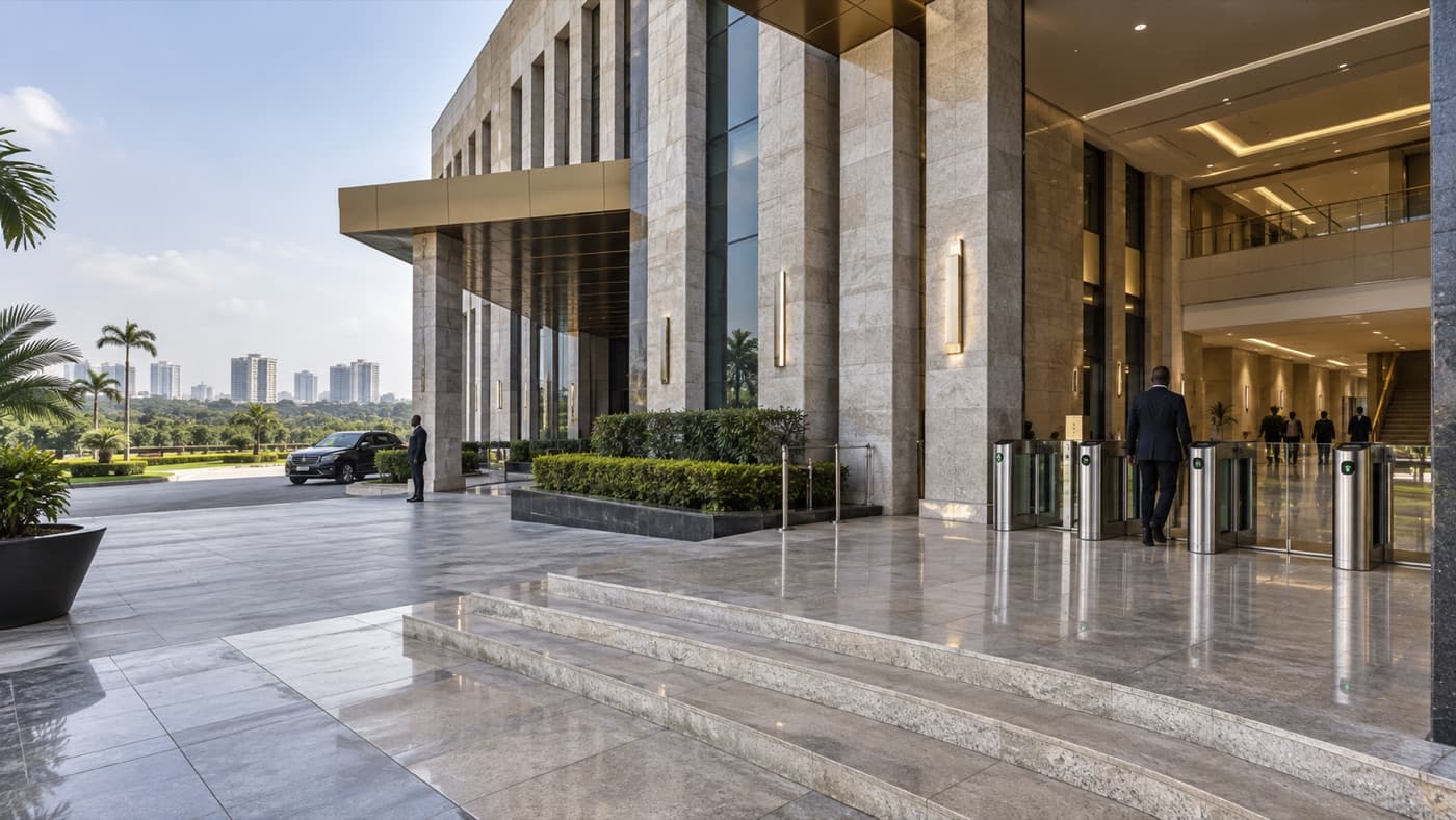Modern institutional building representing secure public infrastructure